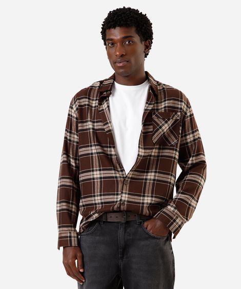camisa masculina xadrez com mangas longas marrom