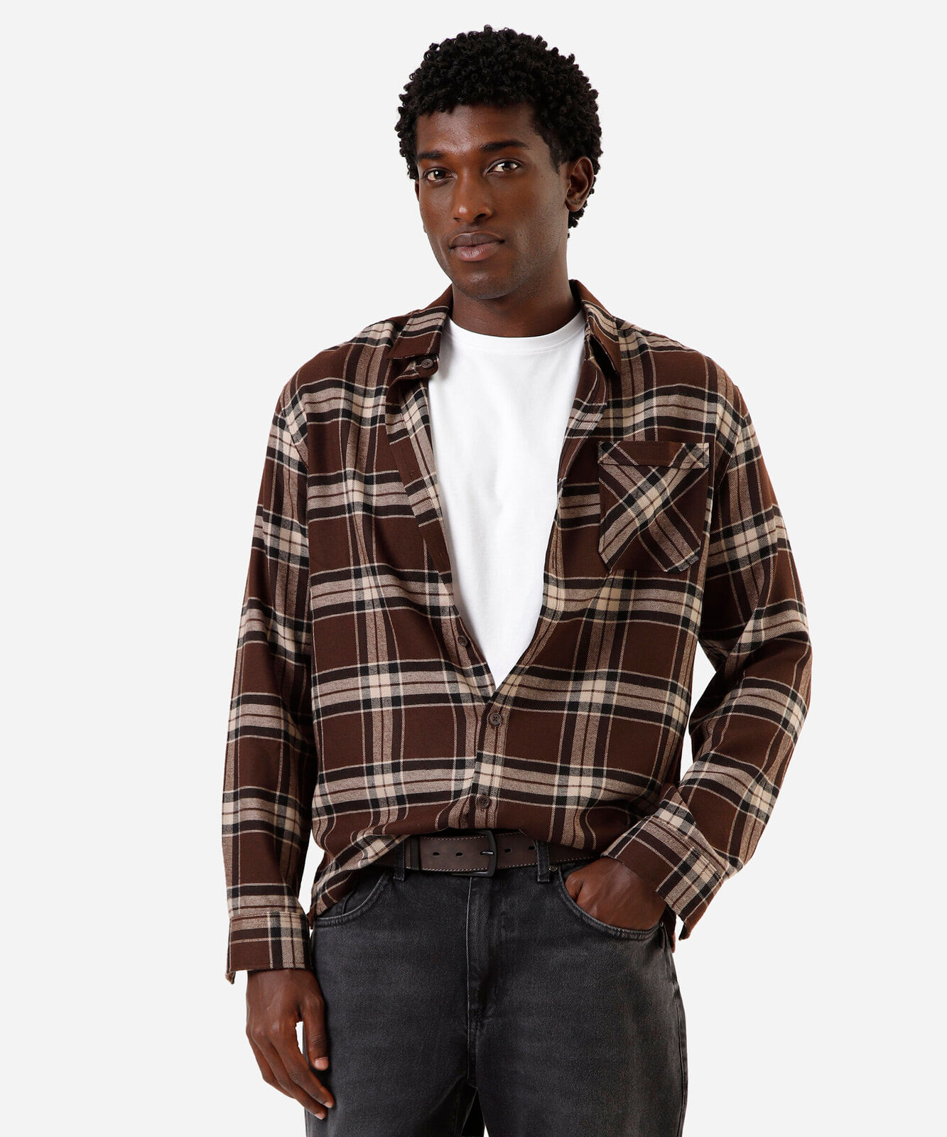 camisa masculina xadrez com mangas longas marrom