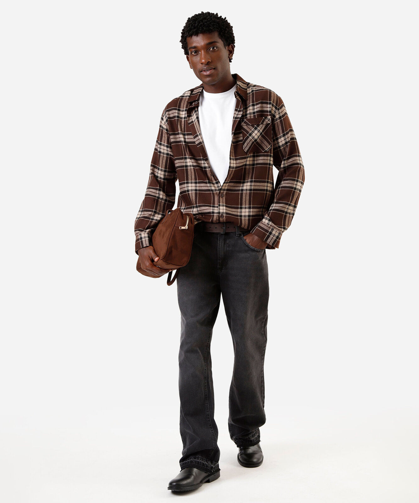 camisa masculina xadrez com mangas longas marrom