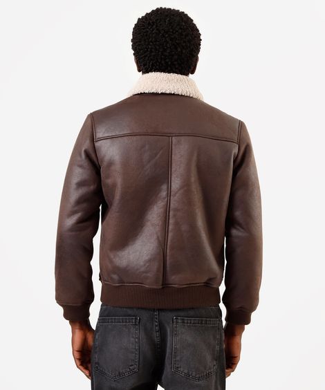 jaqueta bomber masculina de pu com gola em sherpa marrom