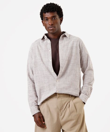 camisa masculina de algodão manga longa xadrez off white