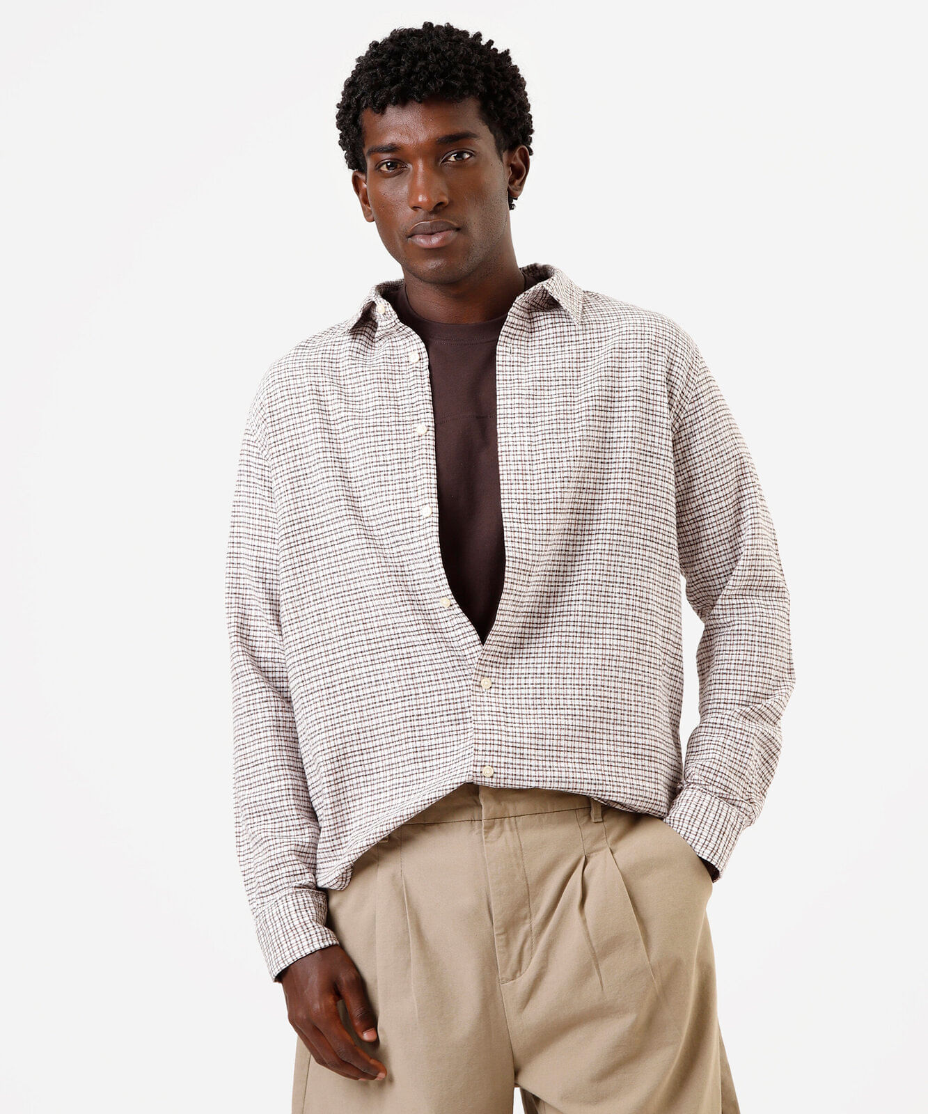 camisa masculina de algodão manga longa xadrez off white