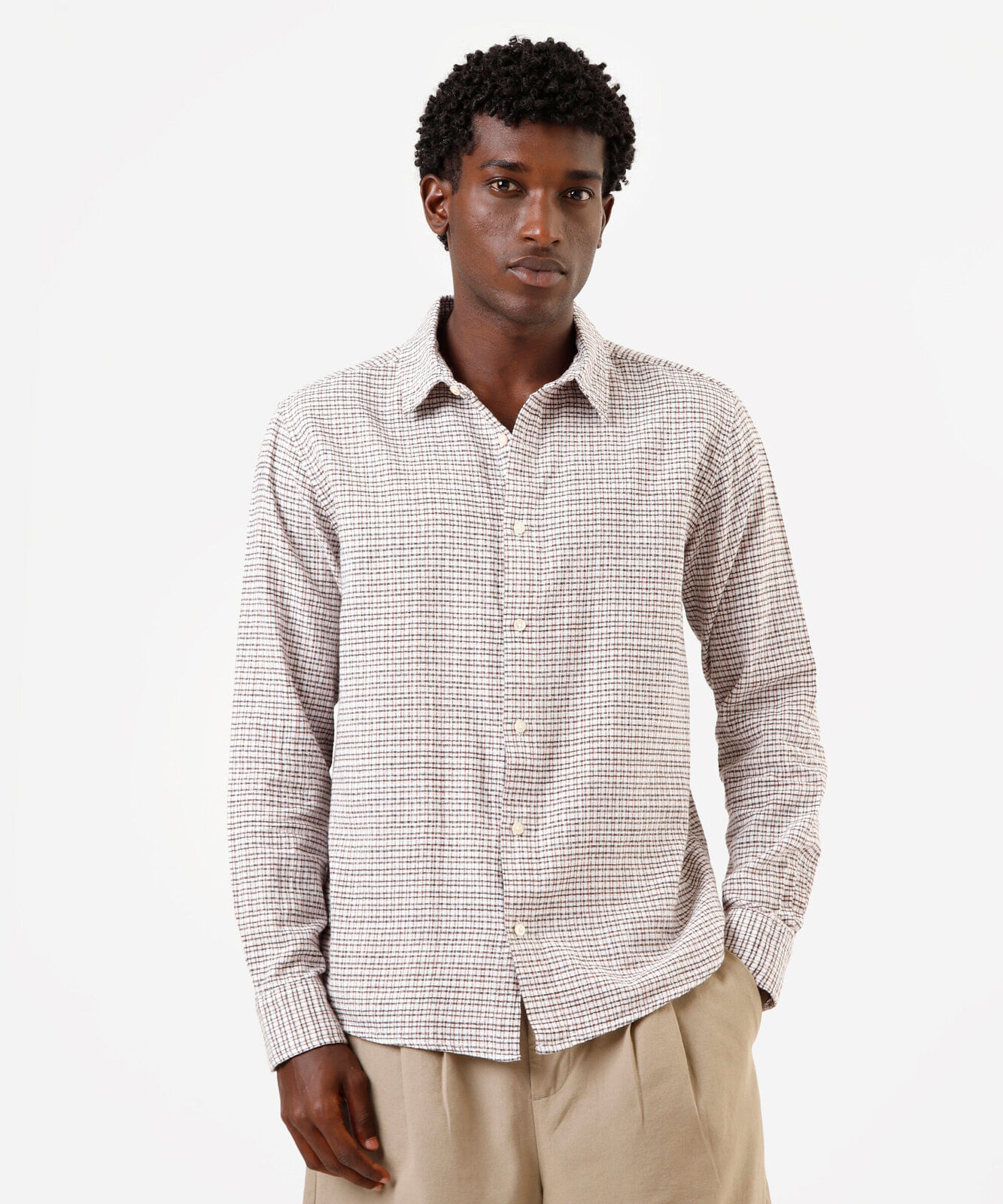 camisa masculina de algodão manga longa xadrez off white