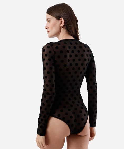 body feminino de tule manga longa poá preto