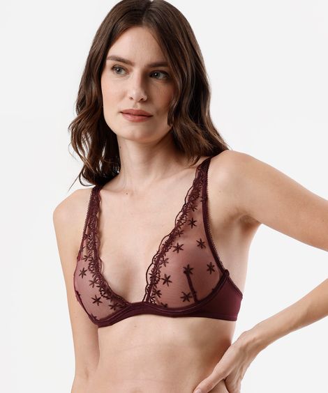 sutiã triângulo feminino de tule com bordado floral vinho