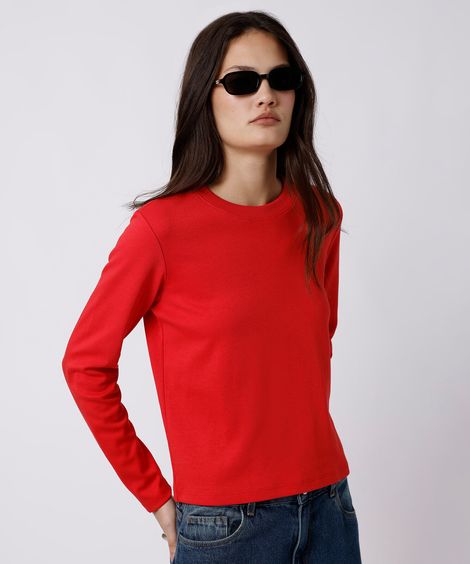 camiseta slim feminina de algodão peruano manga longa mindset vermelha