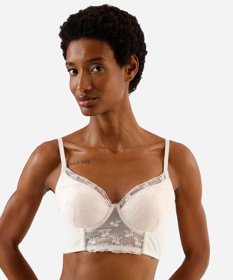 sutiã cropped feminino com renda floral bege