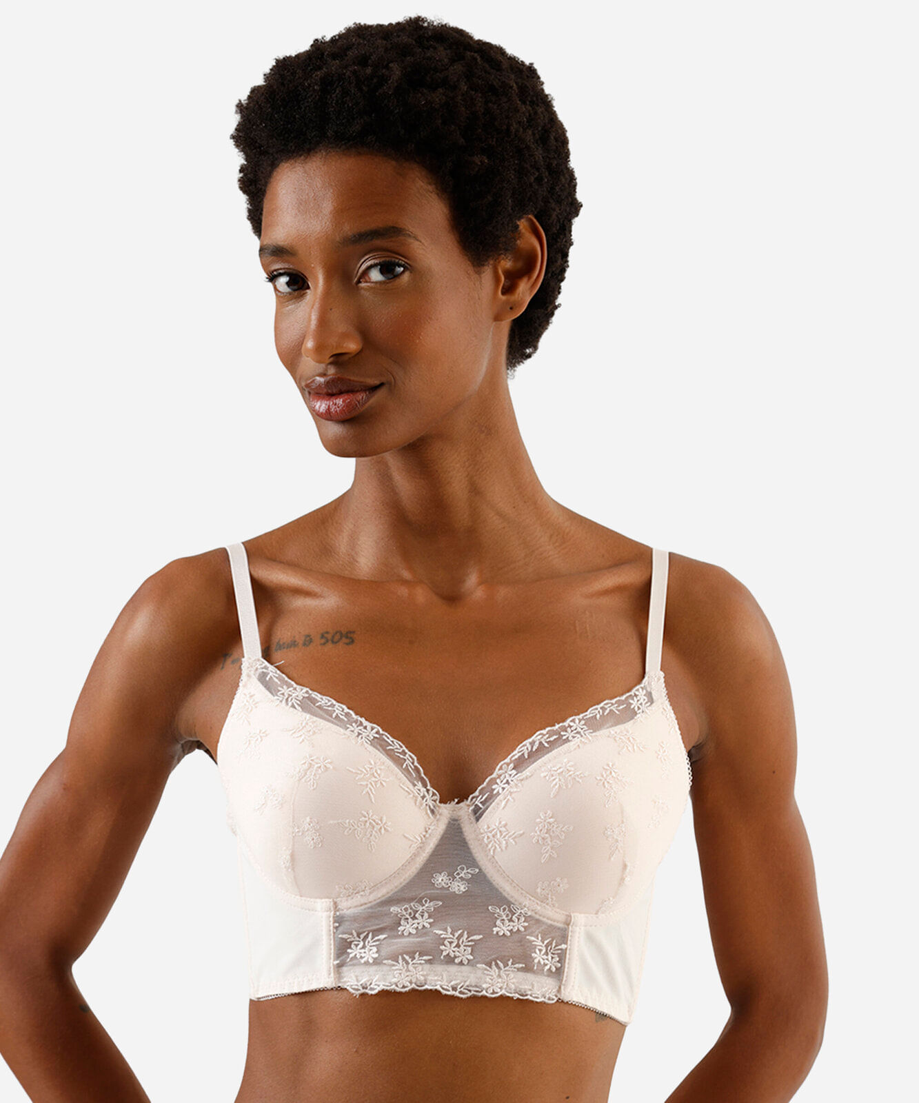 sutiã cropped feminino com renda floral bege