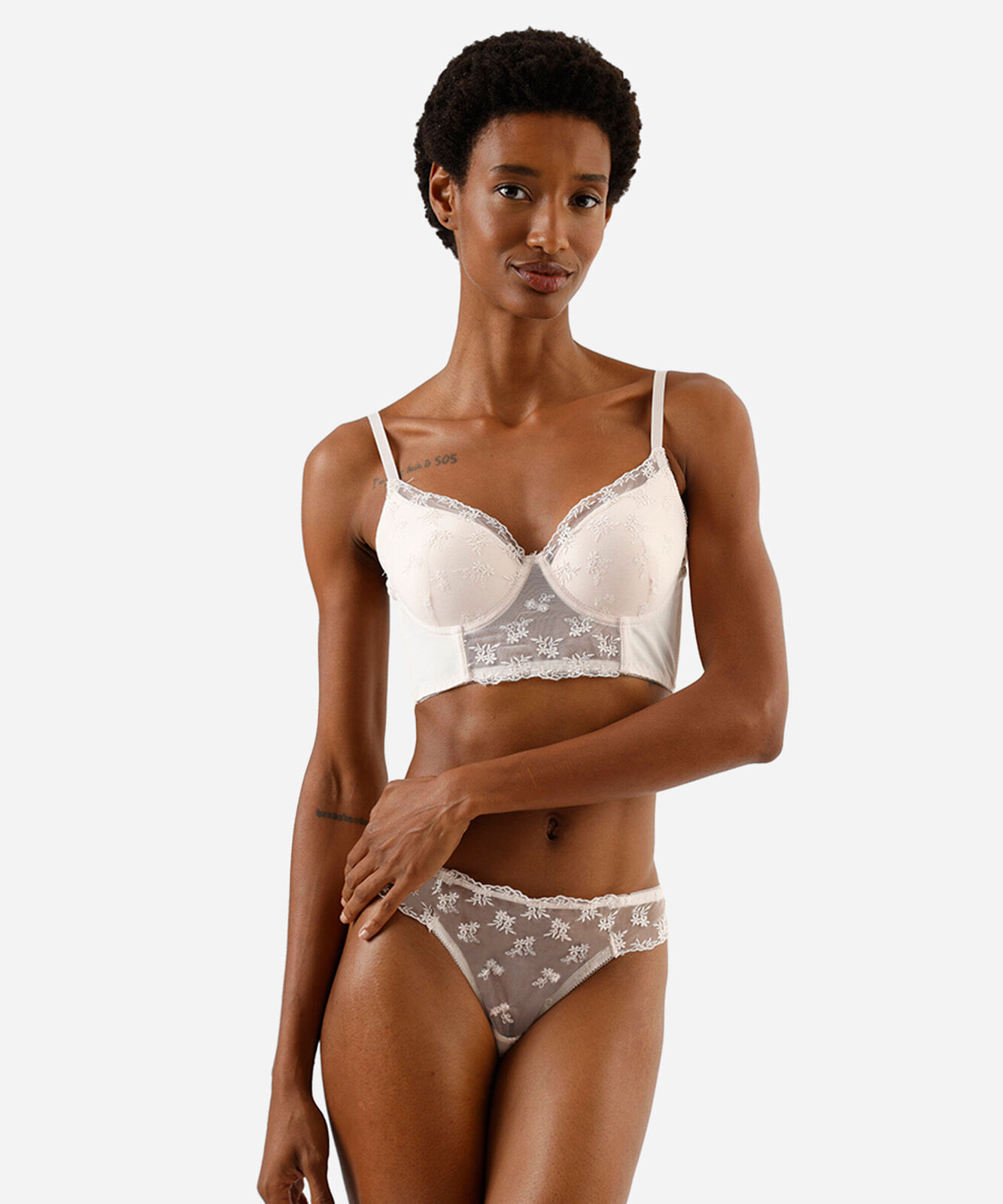 sutiã cropped feminino com renda floral bege