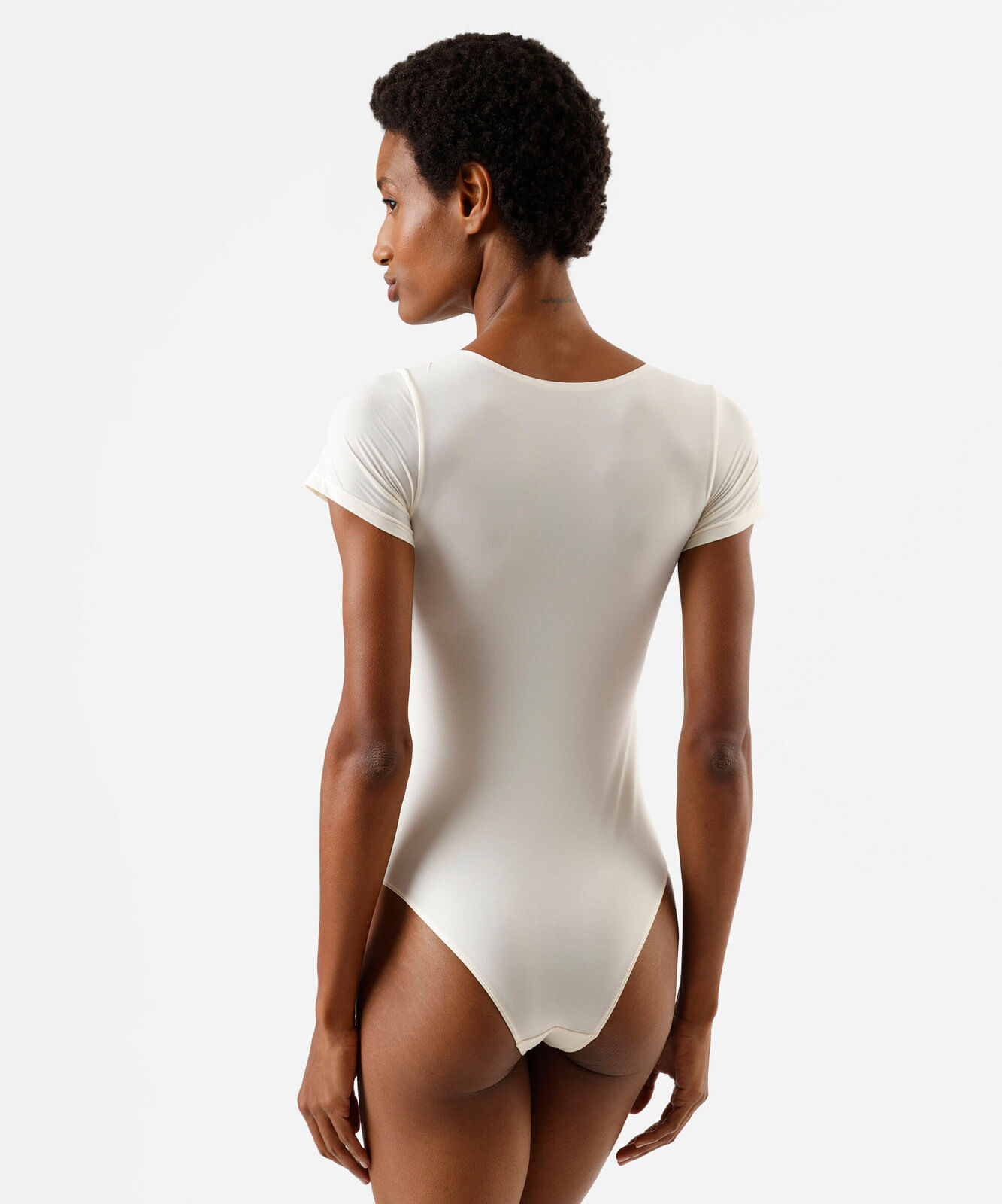 body feminino de poliamida manga curta bege