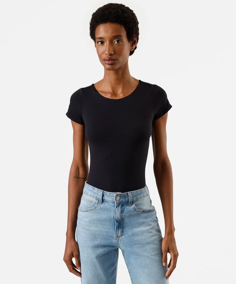 body feminino de poliamida manga curta preto