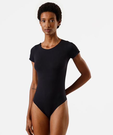 body feminino de poliamida manga curta preto