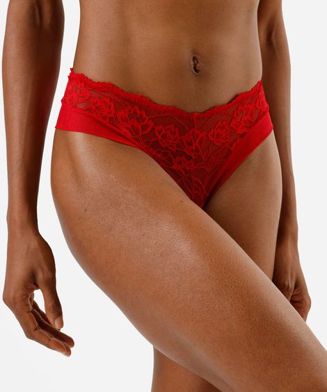 calcinha fio dental lateral larga feminina de renda floral vermelha