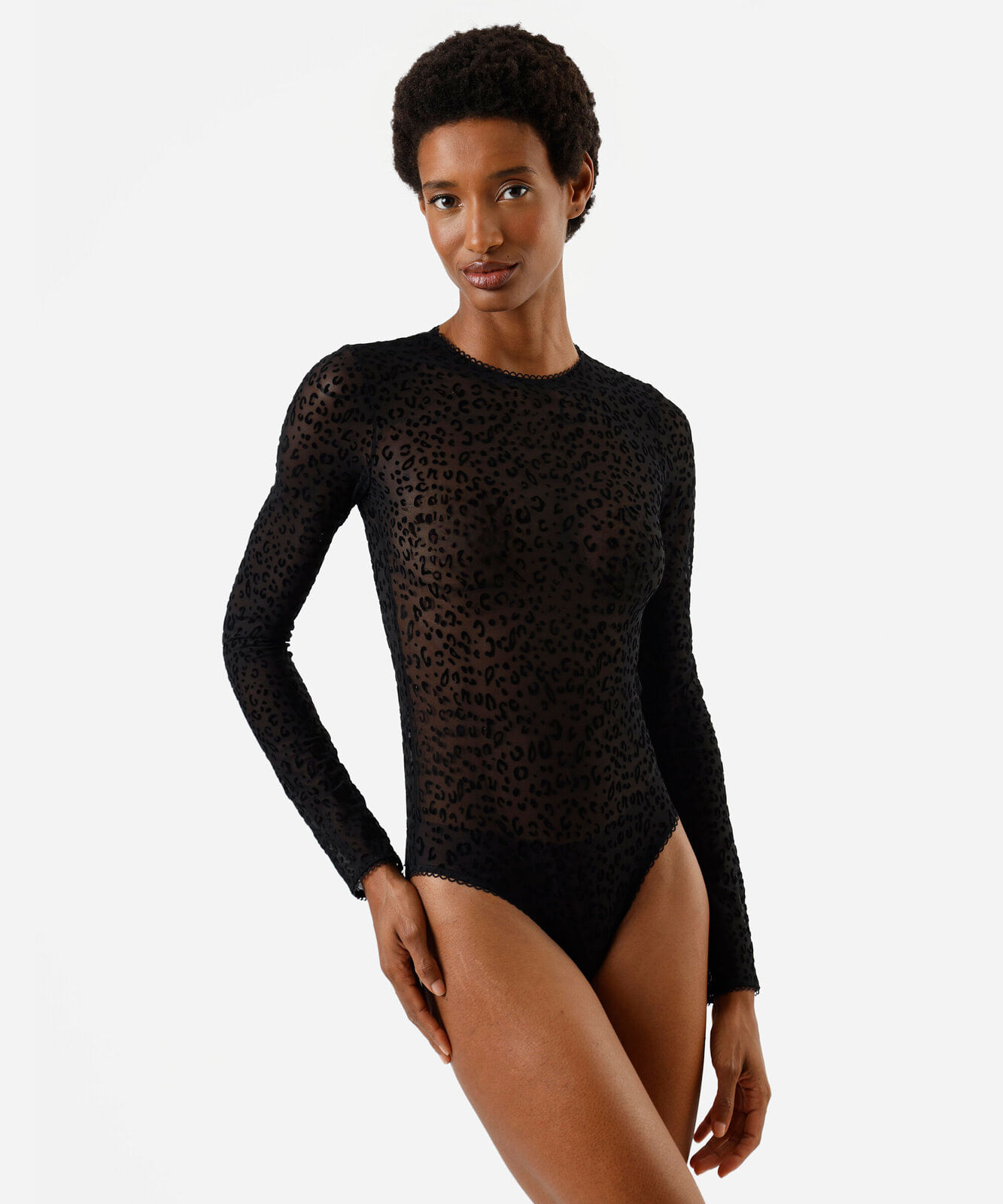 body feminino de tule manga longa animal print preto