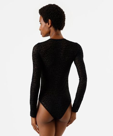 body feminino de tule manga longa animal print preto