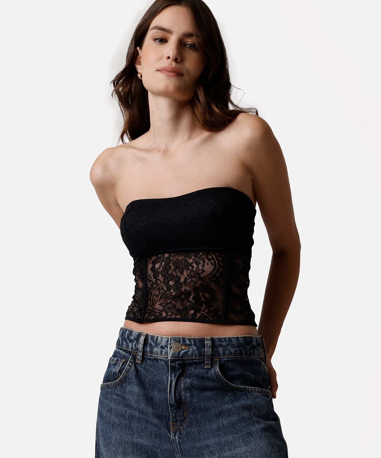 corset feminino de renda floral com alças removíveis preto