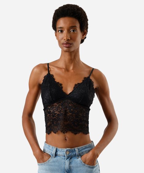 sutiã cropped triângulo feminino de renda floral preto