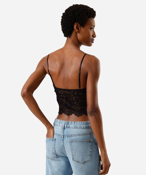 sutiã cropped triângulo feminino de renda floral preto