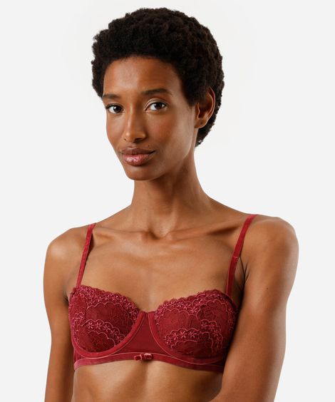 sutiã balconet feminino de renda floral vinho