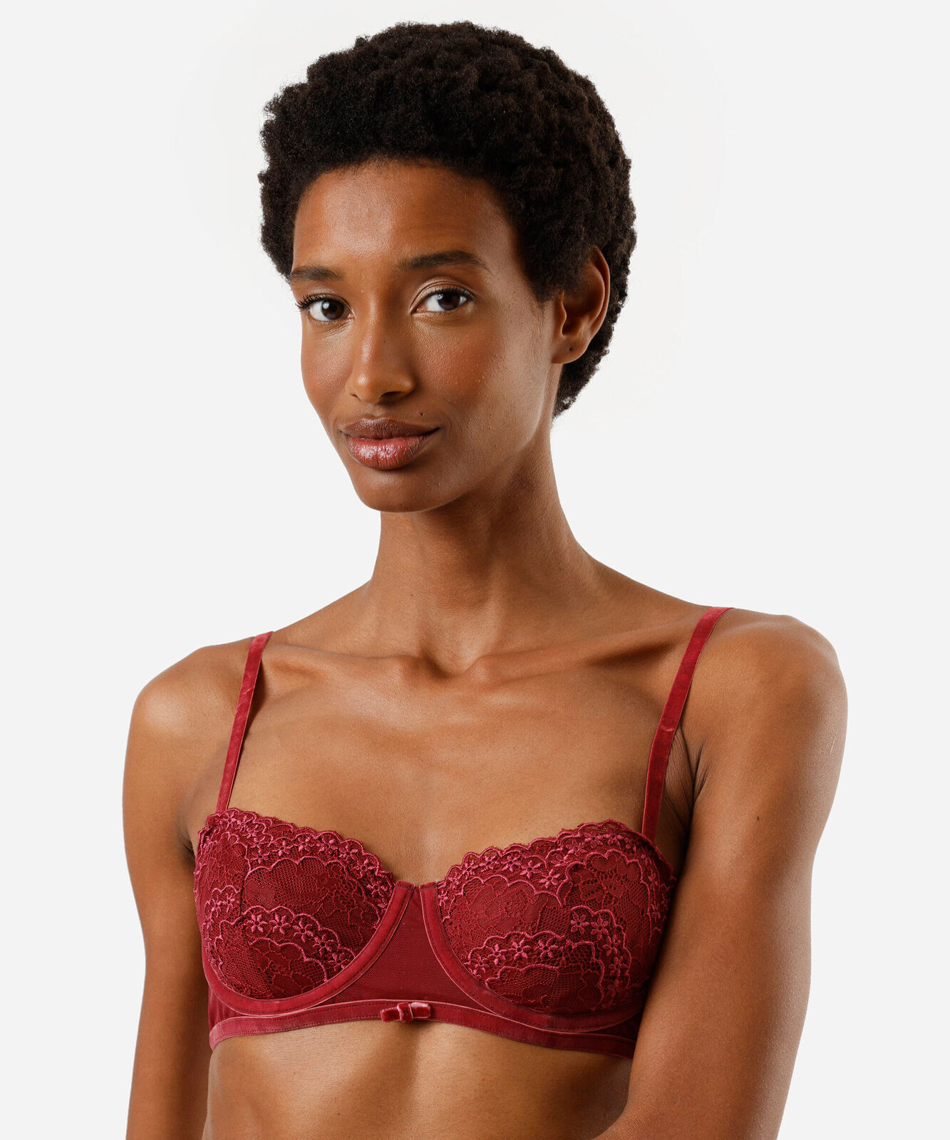 sutiã balconet feminino de renda floral vinho