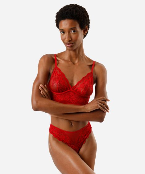 calcinha fio dental feminina de renda floral vermelha