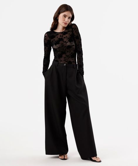 body feminino de tule manga longa floral preto