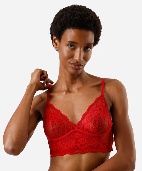 sutiã triângulo alongado feminino de renda floral vermelho