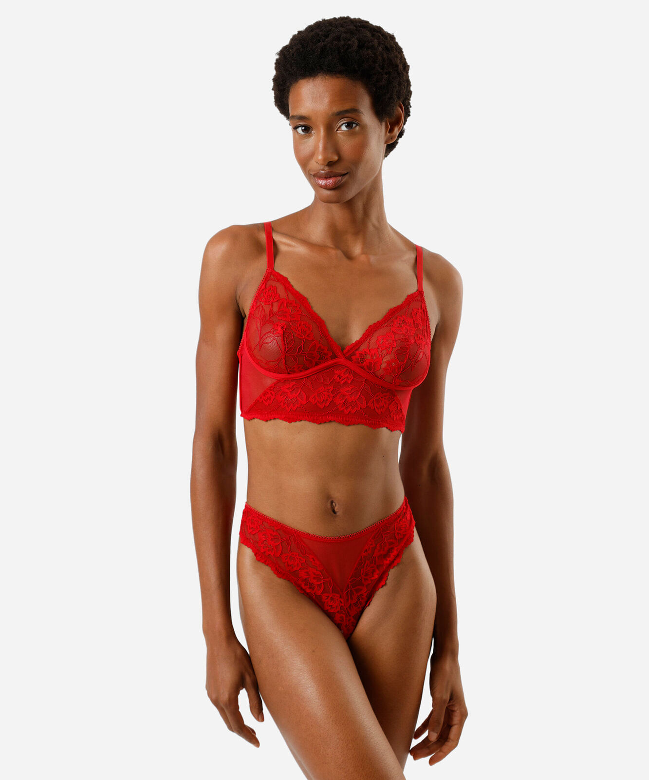 sutiã triângulo alongado feminino de renda floral vermelho