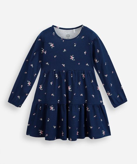 vestido infantil de algodão com recorte manga longa floral azul
