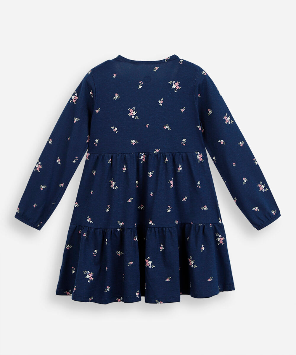 vestido infantil de algodão com recorte manga longa floral azul