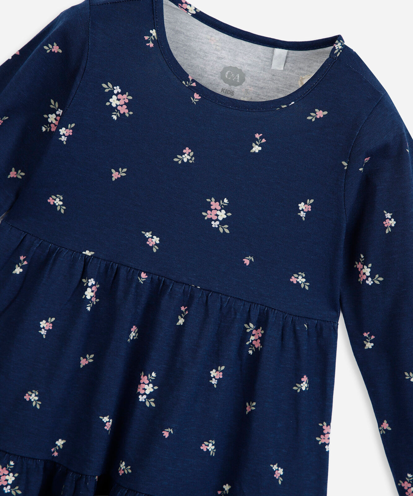 vestido infantil de algodão com recorte manga longa floral azul