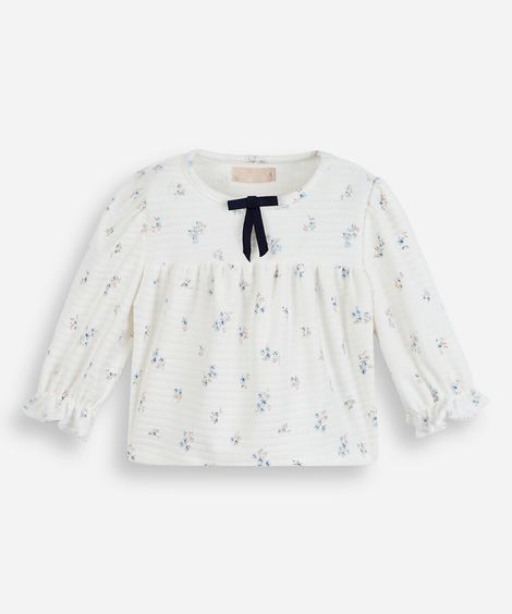 blusa infantil manga longa floral off white