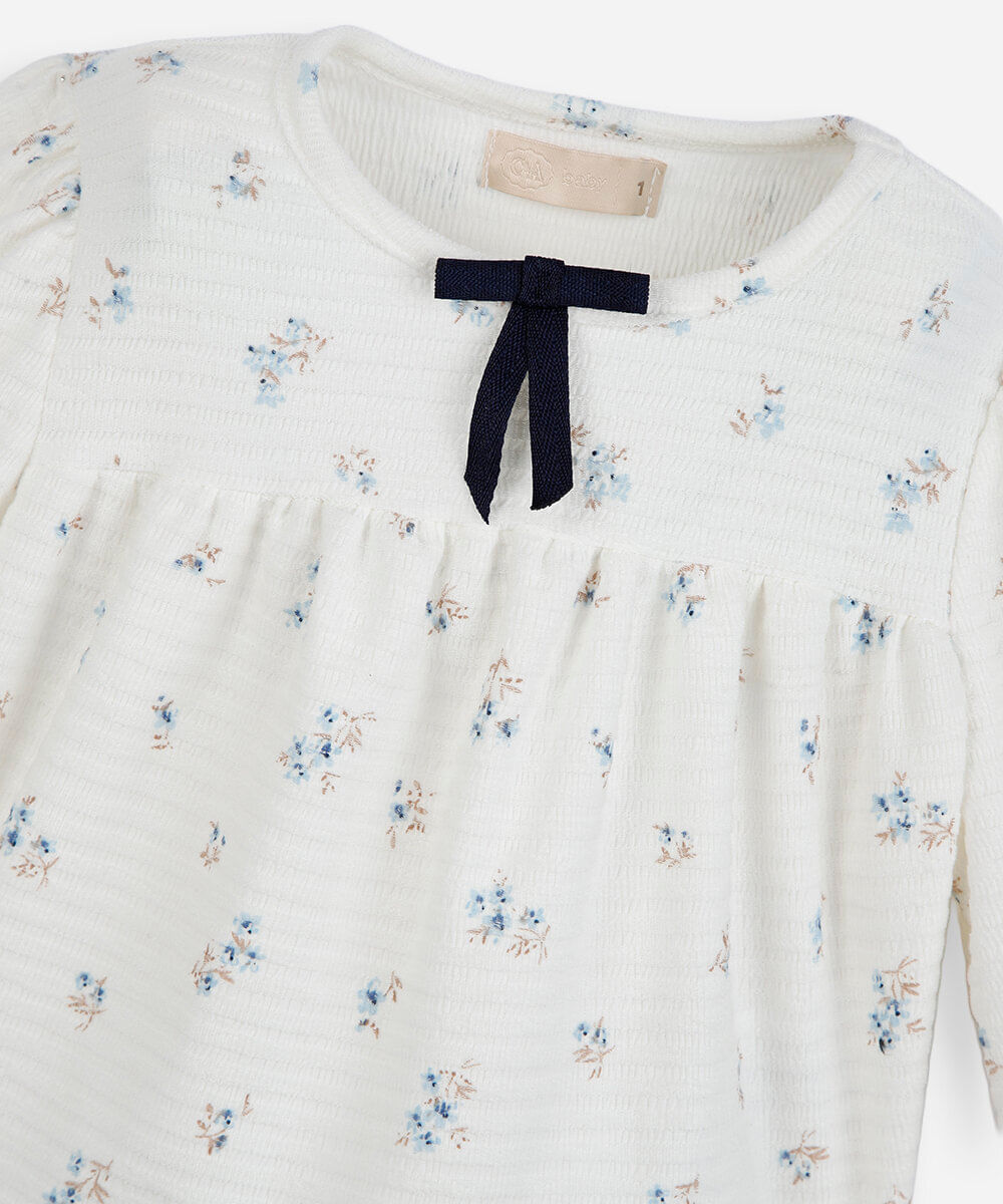 blusa infantil manga longa floral off white