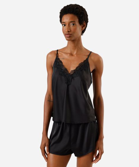 pijama short doll feminino com renda acetinado preto