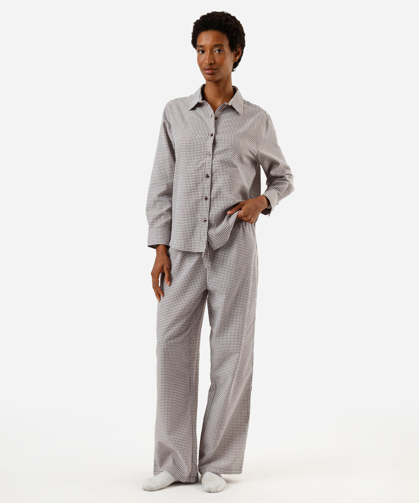 pijama longo americano feminino xadrez marrom