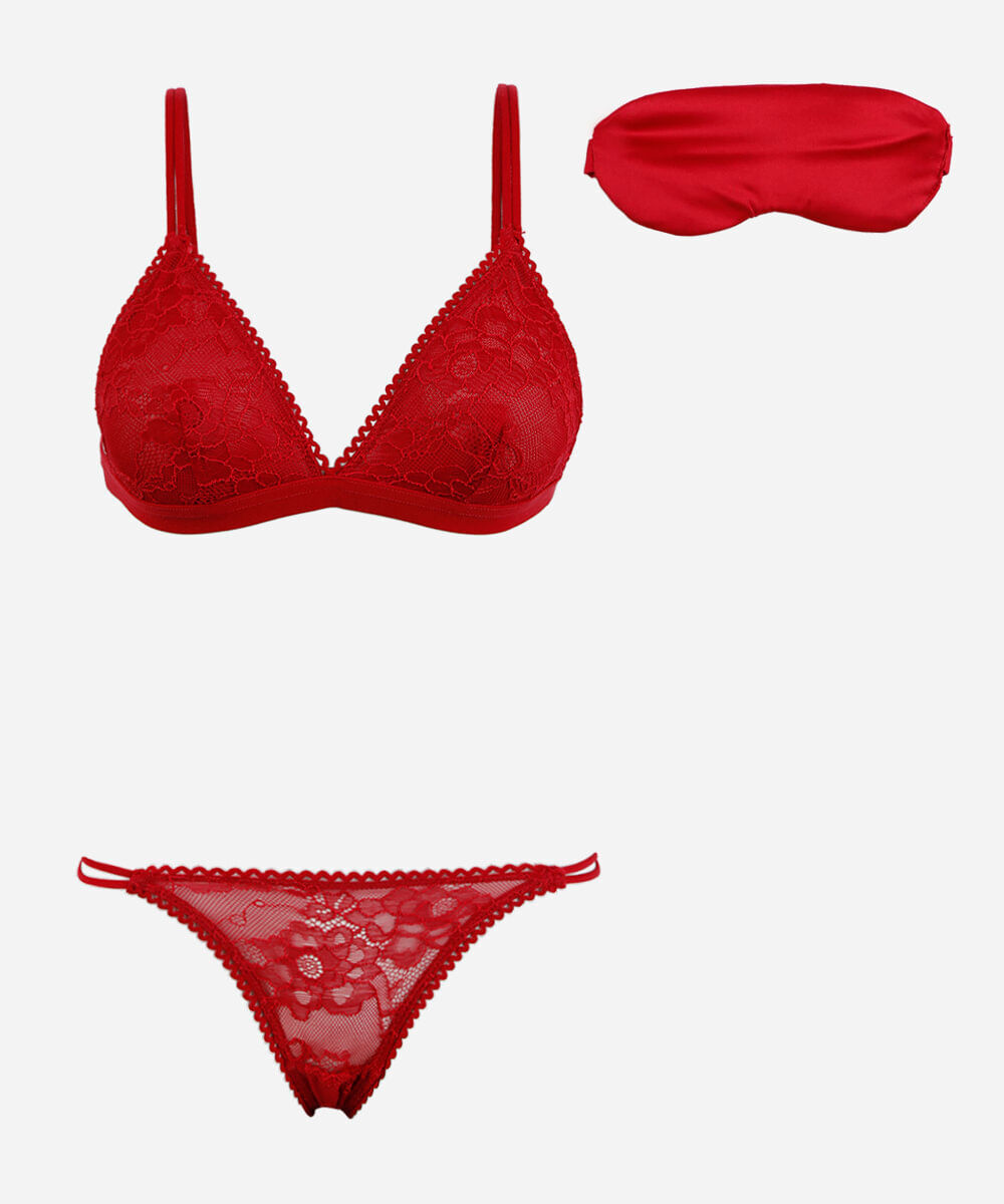conjunto de calcinha e sutiã de renda com máscara de cetim vermelho