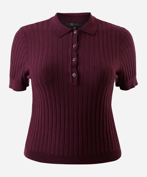 polo feminina de tricot manga curta canelada plus size vinho