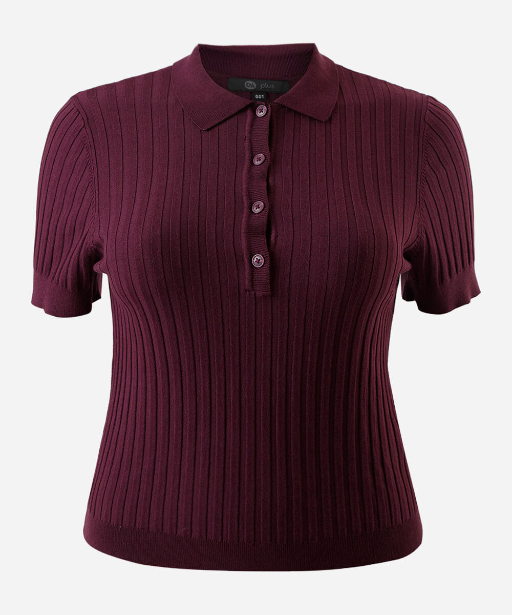 polo feminina de tricot manga curta canelada plus size vinho