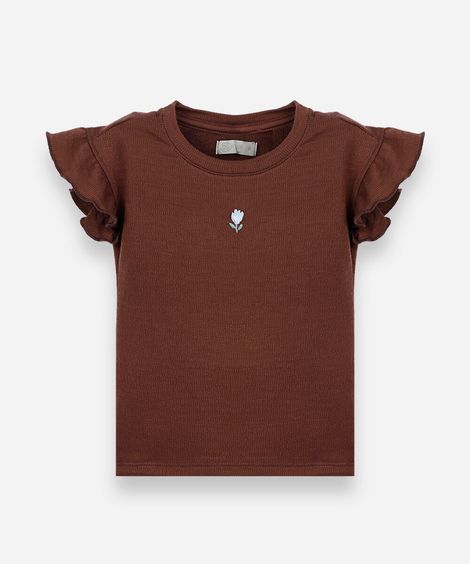 blusa infantil com bordado de flor marrom