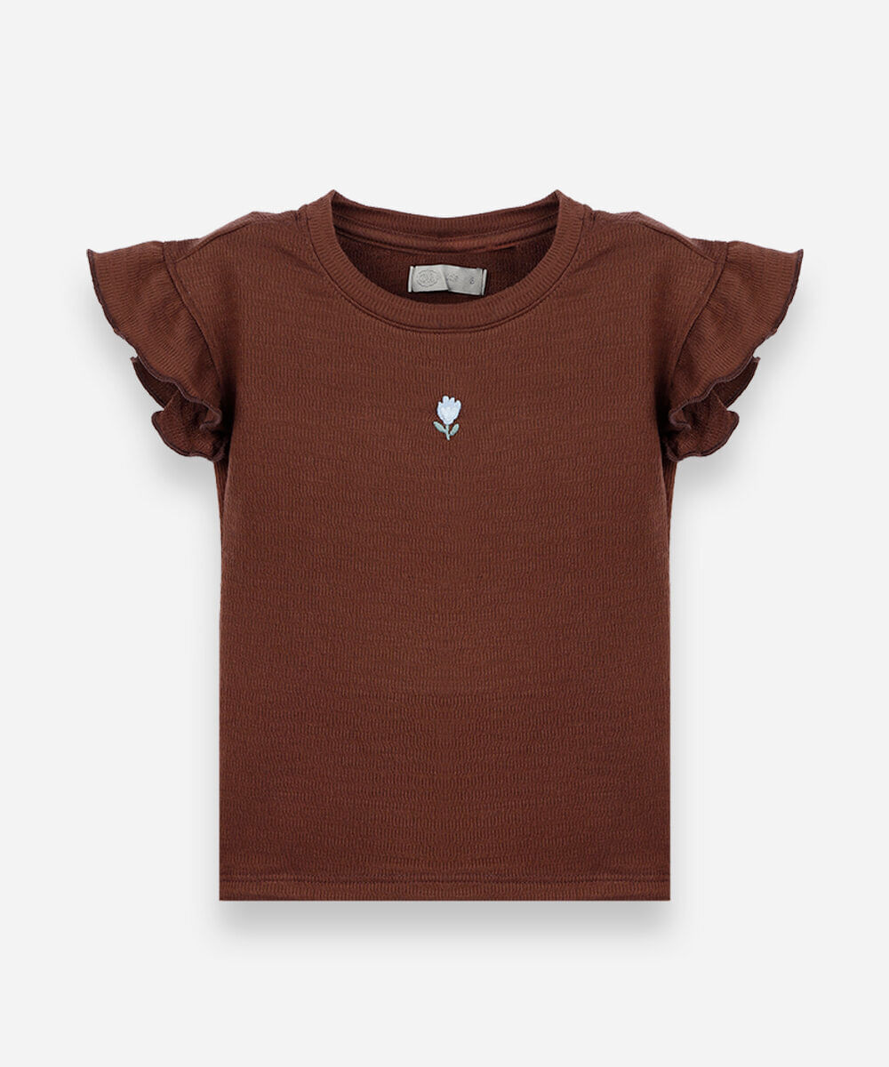 blusa infantil com bordado de flor marrom