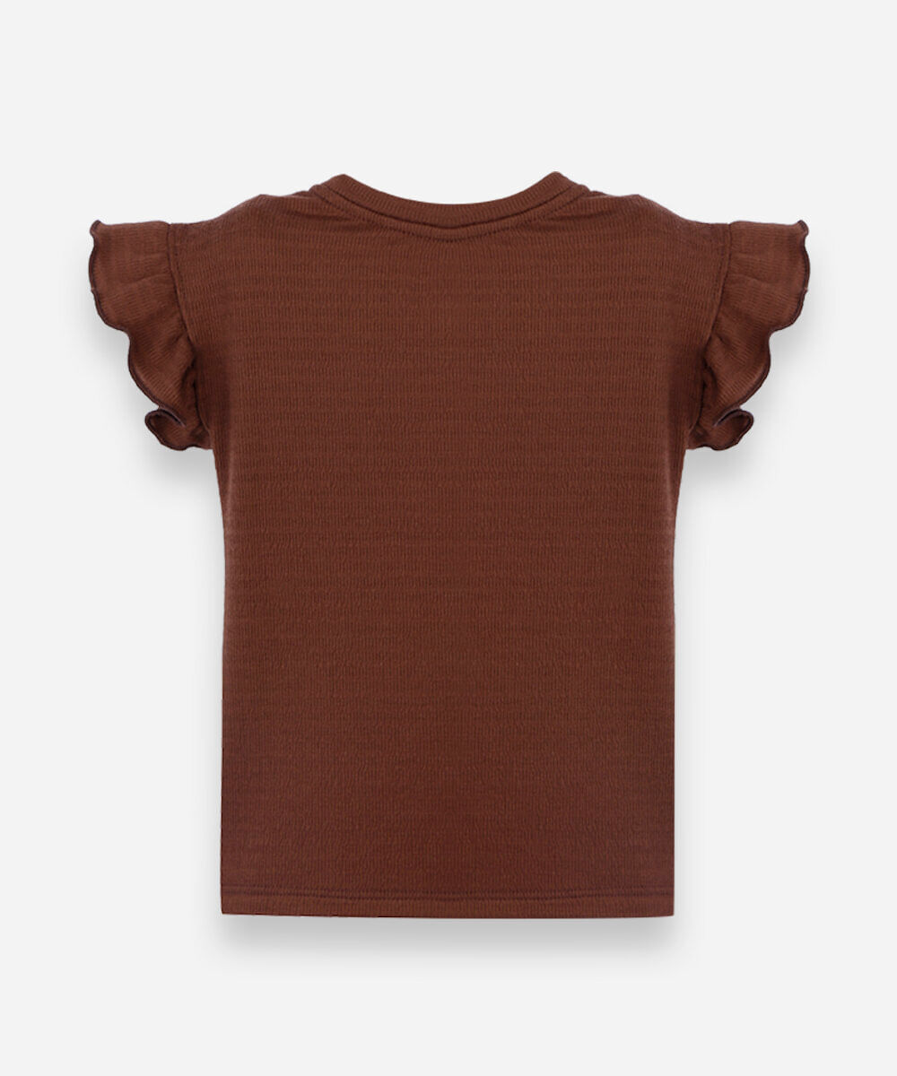 blusa infantil com bordado de flor marrom