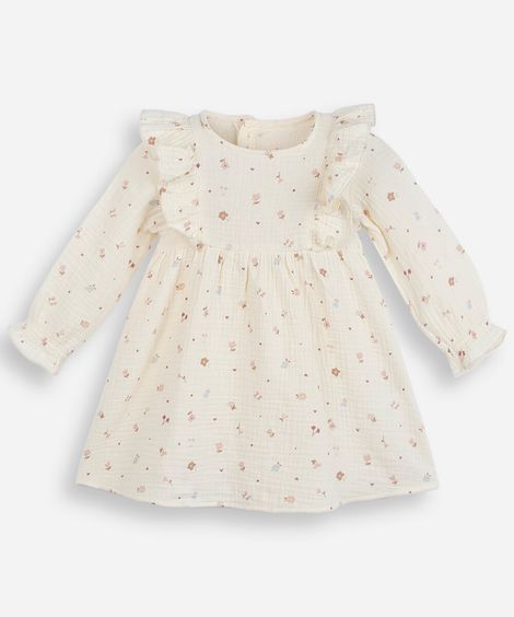 vestido infantil de algodão manga longa com babado floral colorido