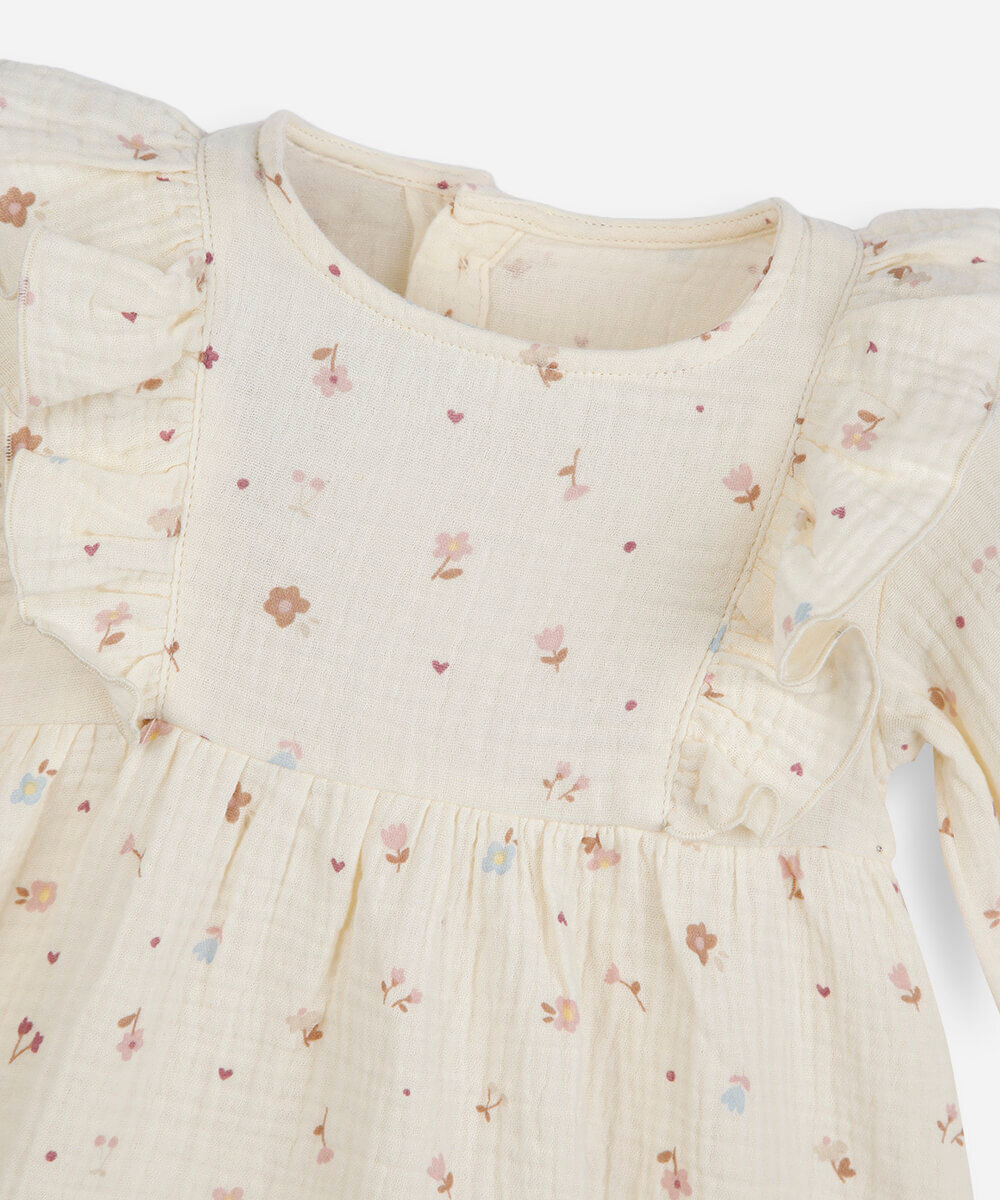 vestido infantil de algodão manga longa com babado floral colorido