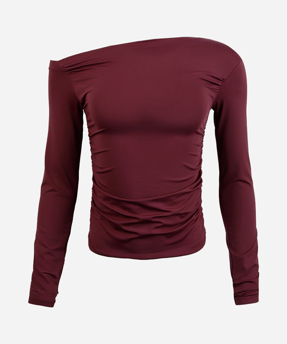 blusa juvenil assimétrica de poliamida manga longa roxa