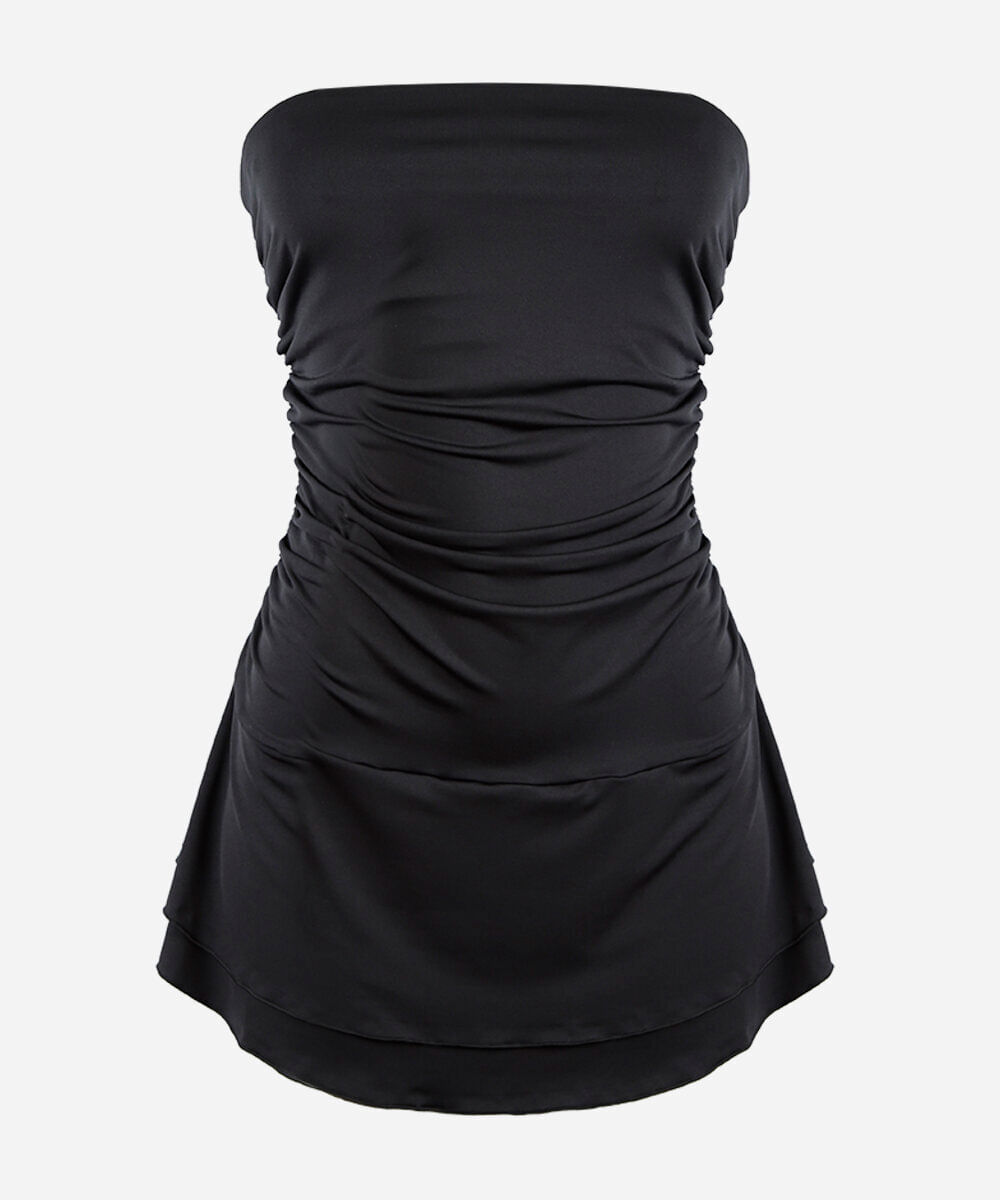 vestido sem alça juvenil de poliamida franzido preto