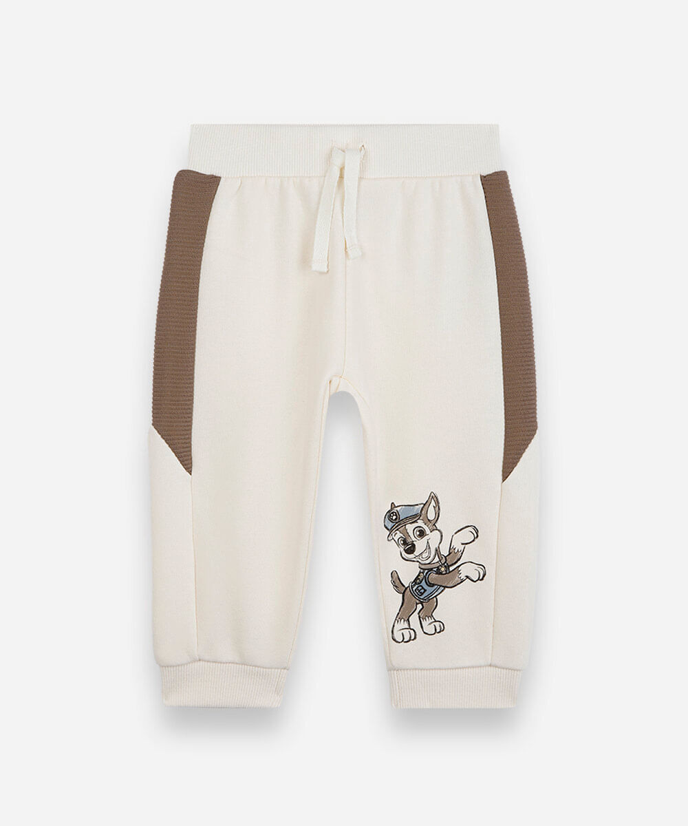 calça jogger infantil de moletom com recorte patrulha canina bege