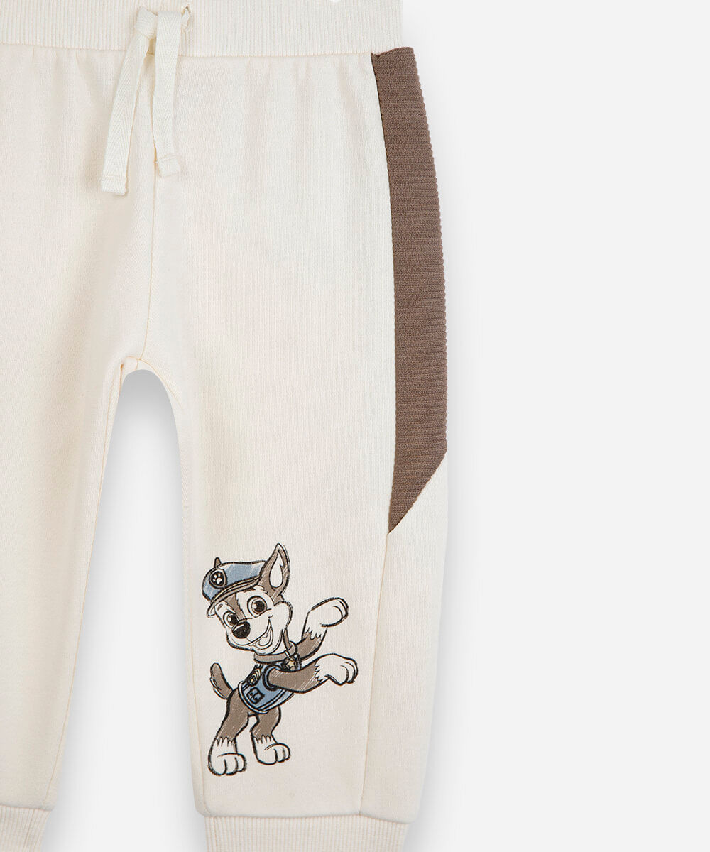 calça jogger infantil de moletom com recorte patrulha canina bege