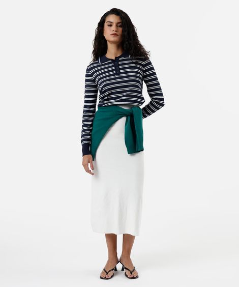 polo básica feminina de tricot manga longa listrada azul