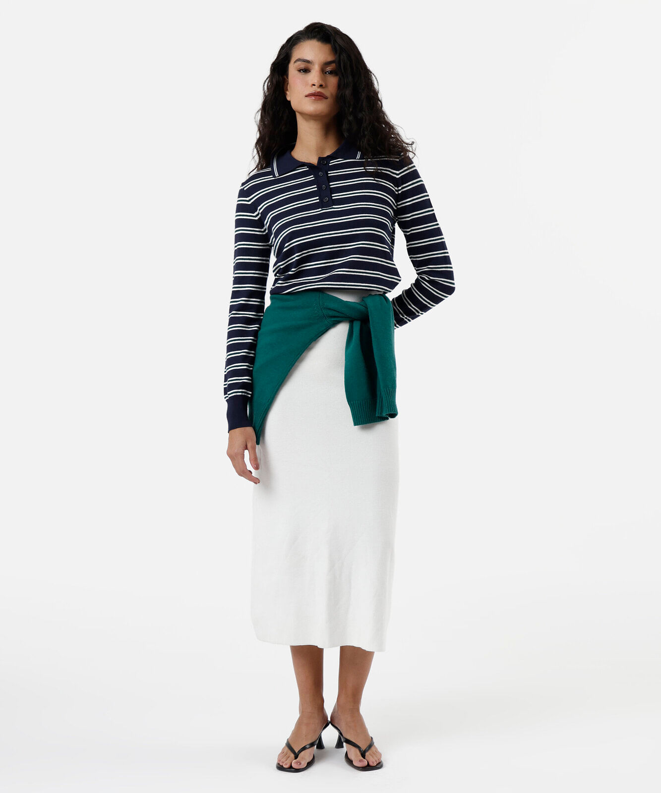 polo básica feminina de tricot manga longa listrada azul