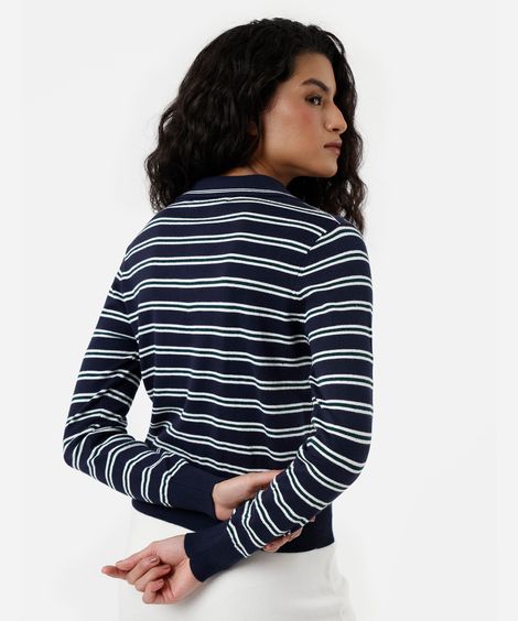 polo básica feminina de tricot manga longa listrada azul
